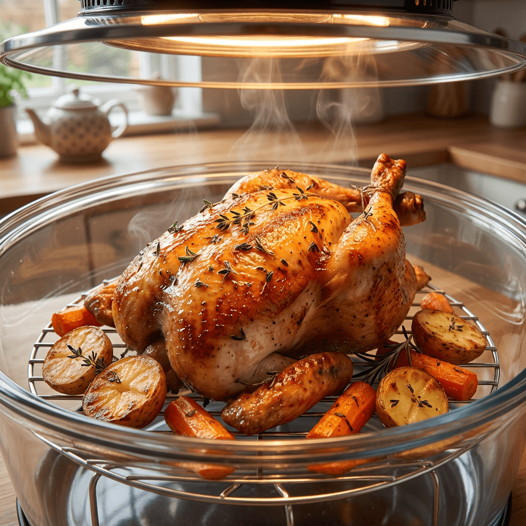 Golden roast chicken with crispy skin cooking inside a glass halogen oven bowl with roasted potatoes and carrots.