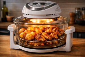 Modern glass halogen oven on a kitchen countertop, cooking golden roast potatoes and crispy chicken wings inside an illuminated glass bowl.