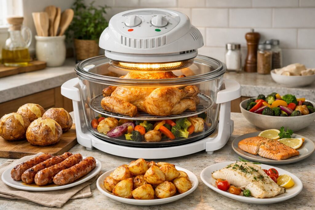 A glass halogen oven on a bright kitchen counter surrounded by roast chicken, jacket potatoes, sausages, fish, and roasted vegetables in a cosy British home kitchen.