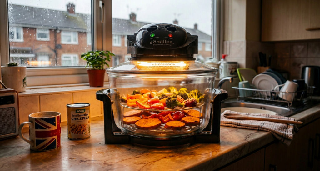 A photograph taken in a cozy British kitchen shows a glass halogen oven actively cooking a vibrant mix of sliced sweet potatoes, peppers, broccoli, and red onions on a wire rack. The internal halogen bulb emits a warm, golden-orange glow that illuminates the food and creates a comforting light on the laminate countertop. In the softly blurred background, a window looks out onto typical brick terraced houses on a grey afternoon. Next to the oven sits a Union Jack mug and an Asda Just Essentials tin. The scene visually represents the 'private sun' and energy-saving cooking on a budget
