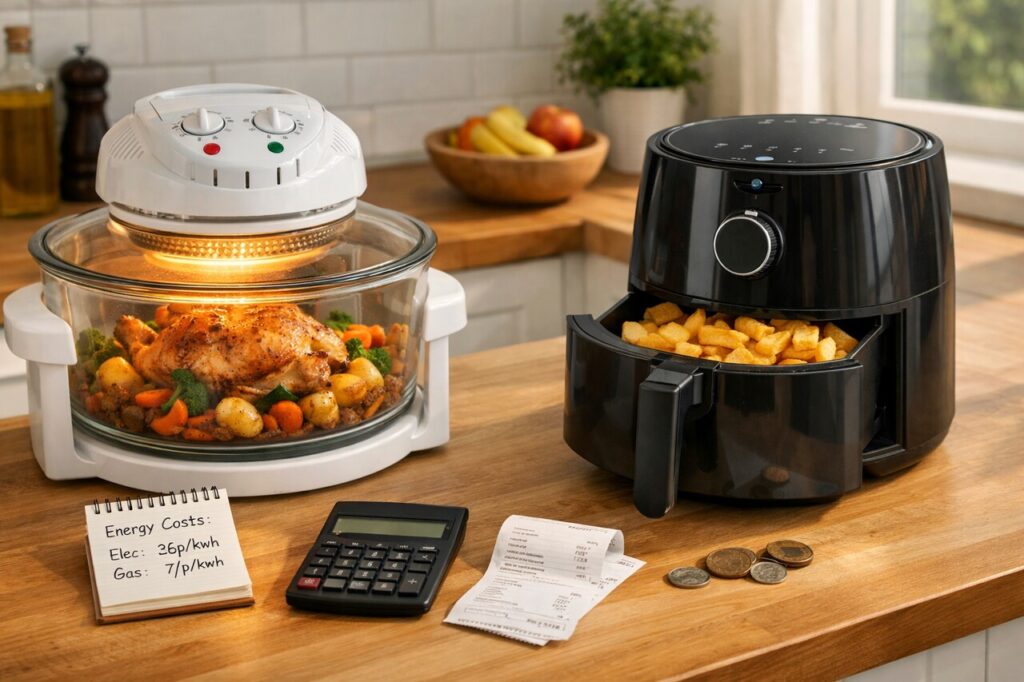 Halogen oven and air fryer side by side on a kitchen counter in a UK home, comparing budget cooking in 2026