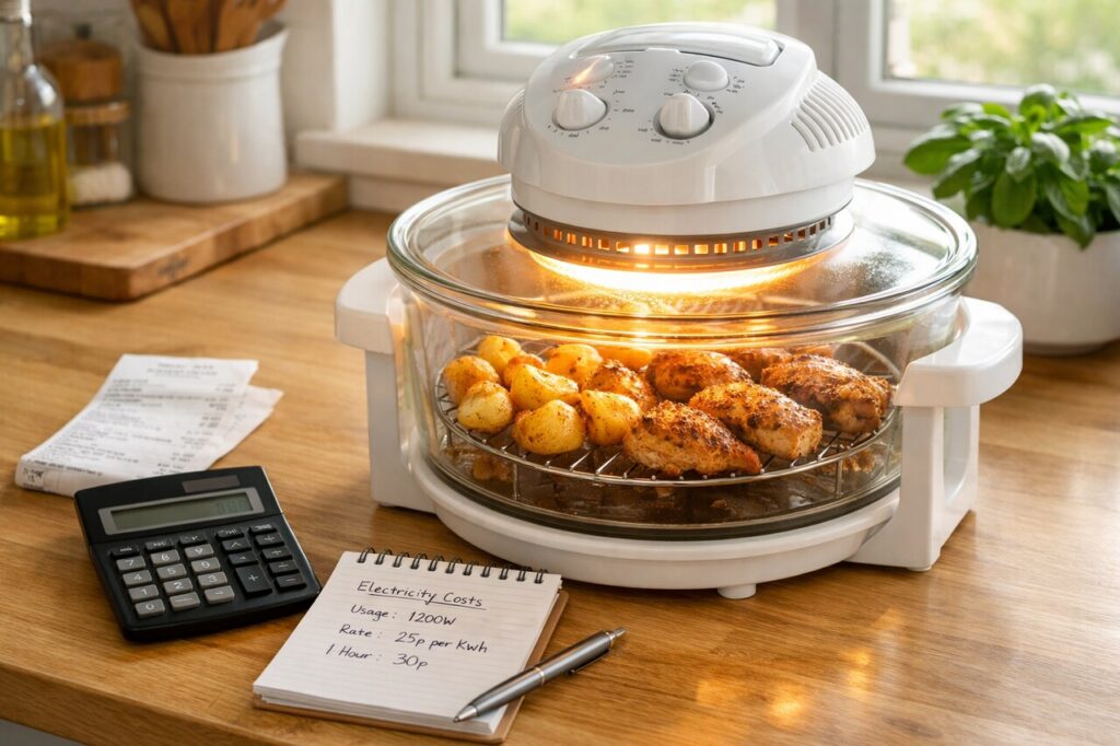 Halogen oven cooking a budget-friendly meal in a modern UK kitchen.