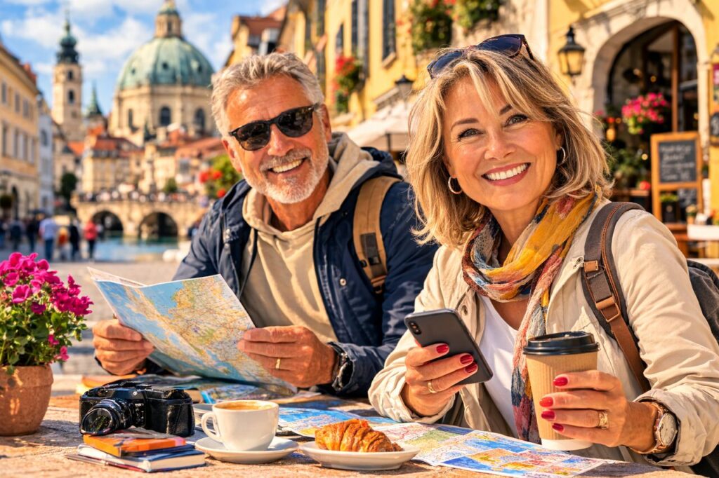 A confident traveler over 50 holding a small suitcase and a map on a sunny European street, representing affordable and adventurous travel.
