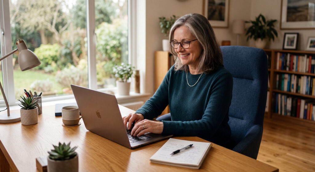 focused person over 50 sitting in a bright home office, using a laptop and smiling, representing modern remote work and financial independence.