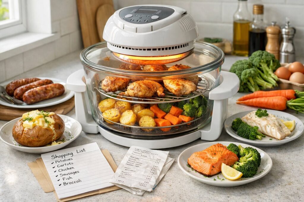 A halogen oven on a bright kitchen counter with affordable home-cooked meals including roast potatoes, chicken, sausages and vegetables, illustrating budget-friendly cooking for over-50s in the UK.