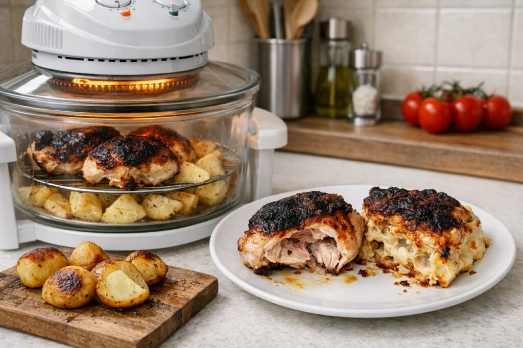 A man over 50 checks a meal from a halogen oven that is burnt on top but still undercooked inside, in a bright home kitchen with natural light and a realistic lifestyle feel.
