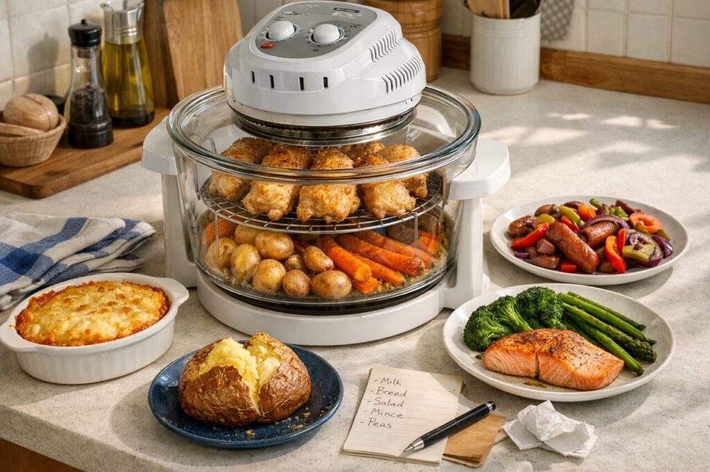 A glass-bowl halogen oven on a bright kitchen counter in a modest British home, surrounded by easy weeknight dinners including chicken thighs, potatoes, sausages, salmon, vegetables and a baked potato.