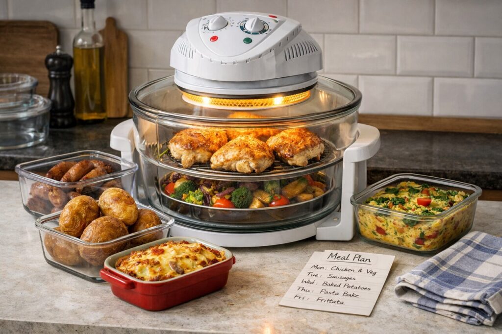 A glass-bowl halogen oven on a bright kitchen counter in a modest British home, surrounded by batch-cooked foods including chicken thighs, roasted vegetables, jacket potatoes, sausages, and meal-prep containers.