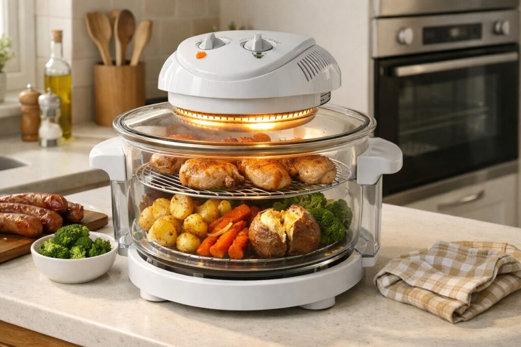 A modern glass-bowl halogen oven on a bright kitchen countertop in a modest British home, with everyday meals such as roast potatoes, chicken thighs, vegetables, and a baked potato, showing the idea of replacing a main oven for smaller meals in 2026.