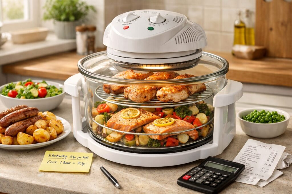 Halogen oven on a British kitchen counter with roast potatoes, chicken and vegetables, symbolising practical and budget-friendly cooking in 2026