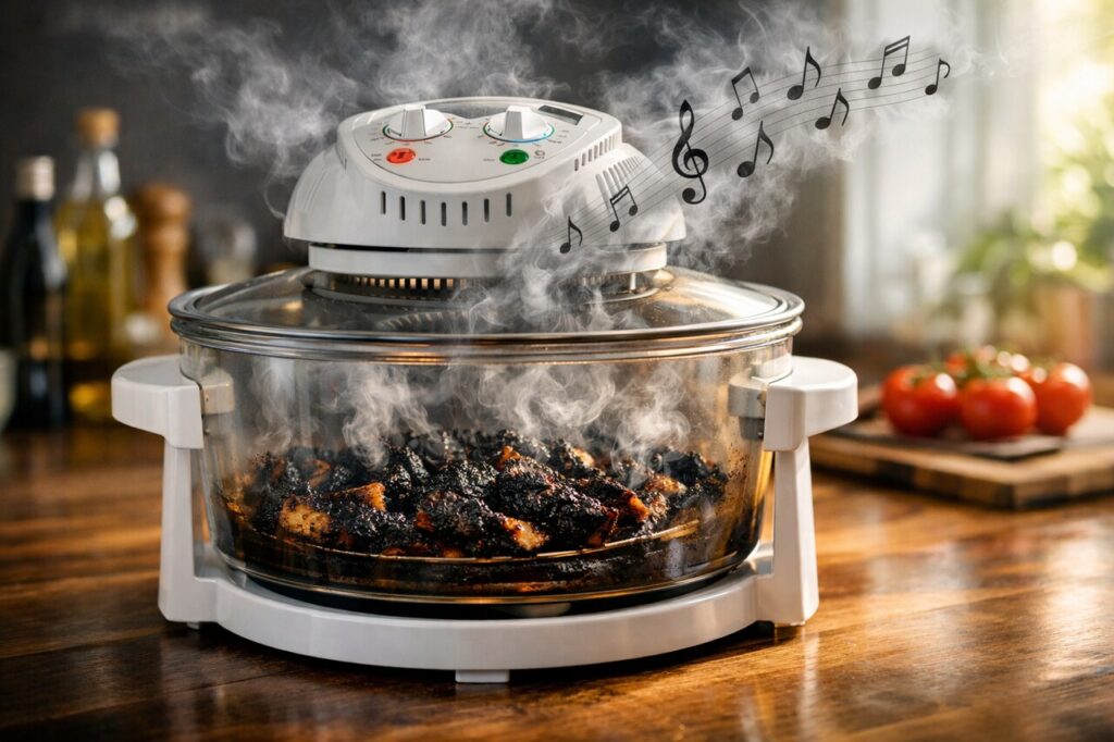 A man over 50 checks a meal from a halogen oven that is burnt on top but still undercooked inside, in a bright home kitchen with natural light and a realistic lifestyle feel.