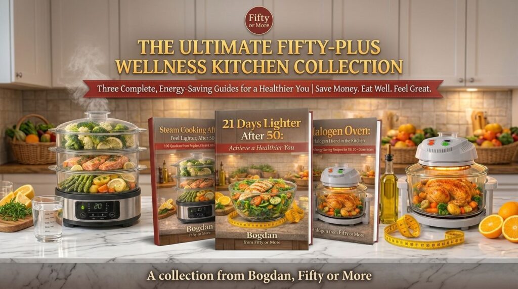 Widescreen 16:9 display of 'The Ultimate Fifty-Plus Wellness Kitchen Collection' by Bogdan from Fifty or More. The mockup features three guides: Steam Cooking, 21 Days Lighter, and Halogen Oven Masterguide, alongside a steamer with fresh vegetables and a halogen oven. Text: Save Money, Eat Well, Feel Great. A complete 200-recipe system for health and energy after 50.