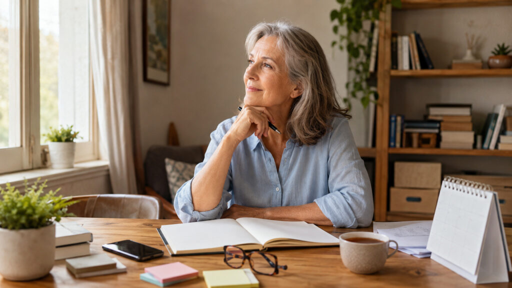 A calm mature person over 50 sits at a wooden table with a notebook, documents, tea, and a small plant, planning a fresh start after life has interrupted their plans