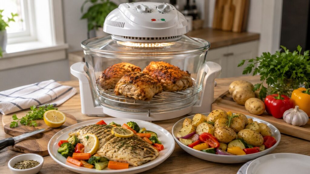 A halogen oven with three easy beginner meals in a cozy home kitchen.
