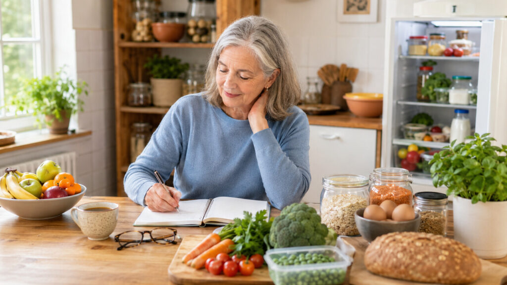 A calm mature woman planning a simple 21-day kitchen reset at a wooden table in a bright, cozy kitchen, surrounded by fresh vegetables, fruit, eggs, grains, herbs, a notebook, reading glasses, and an open fridge with neatly organized food.