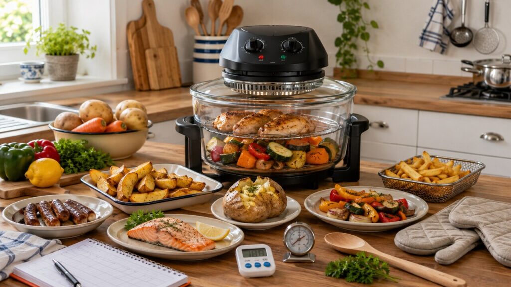 Halogen oven on a wooden kitchen worktop surrounded by chicken thighs, sausages, salmon, baked potato, wedges, chips, roasted vegetables, a timer and an oven thermometer.