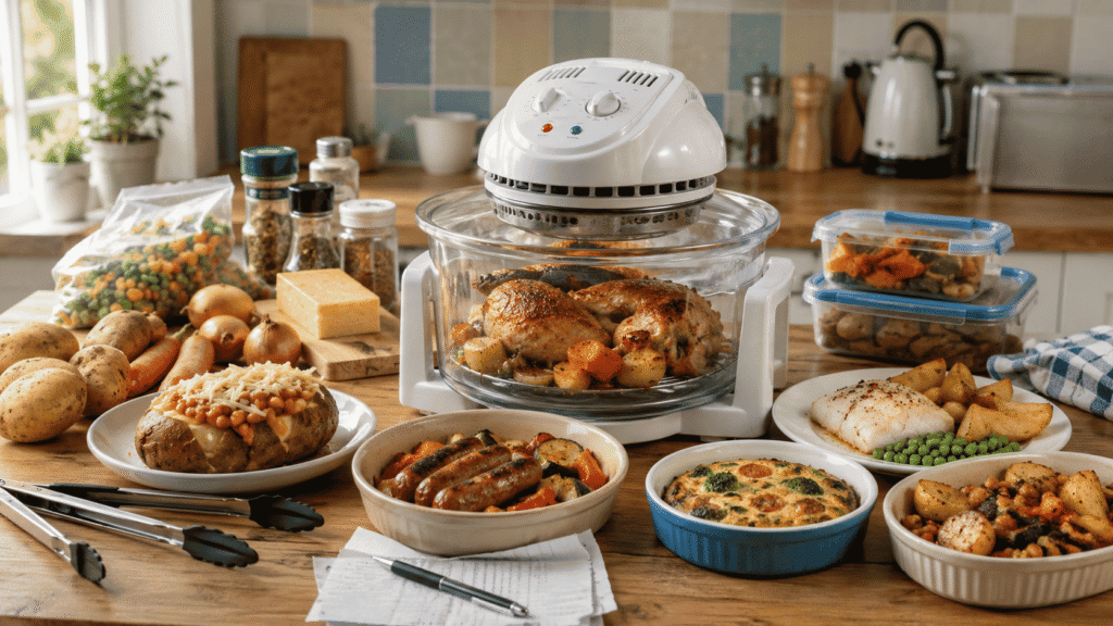 Halogen oven surrounded by affordable homemade meals, including jacket potato with beans and cheese, chicken with vegetables, sausages, fish, egg bake and roasted chickpeas in a modest UK kitchen.