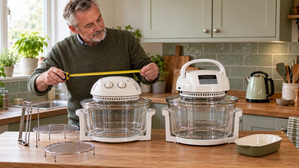 Mature man measuring worktop space while comparing two compact halogen ovens in a small British kitchen.
