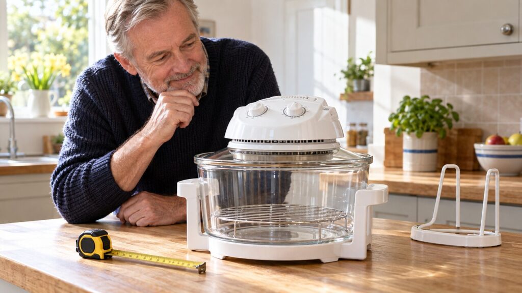 A man in his 60s examines a traditional glass-bowl halogen oven with two control dials in a home kitchen. A low rack is visible inside, with a lid stand and tape measure beside it.