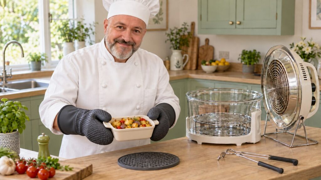 Chef wearing charcoal-grey silicone oven gloves holds a small ceramic dish of roast potatoes and vegetables beside a glass-bowl halogen oven, with its lid safely placed in a metal stand.