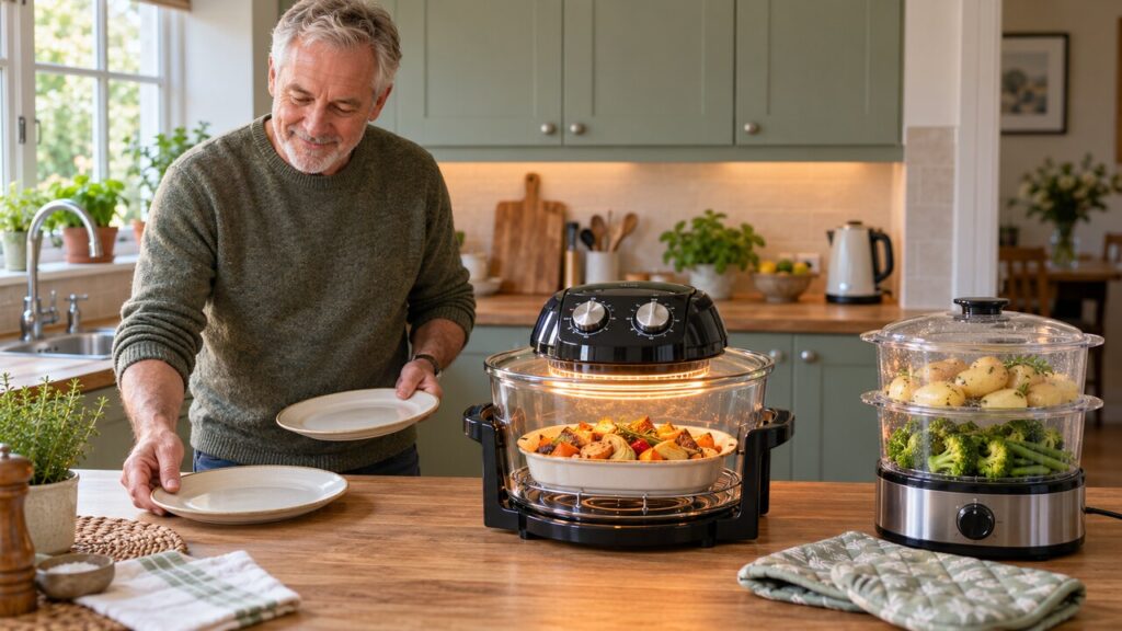 A man preparing plates for two beside a glass-bowl halogen oven with roasted vegetables and a two-tier steamer containing potatoes and broccoli in a bright home kitchen.