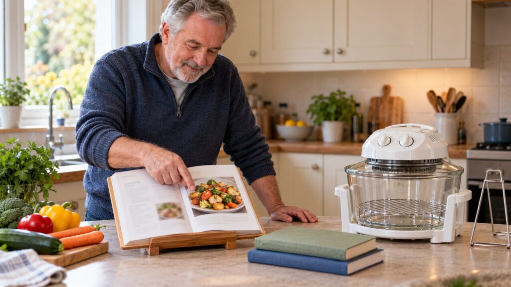 A man points to a vegetable recipe in an open cookbook on a stand beside a glass-bowl halogen oven and two closed cookbooks in a bright home kitchen.