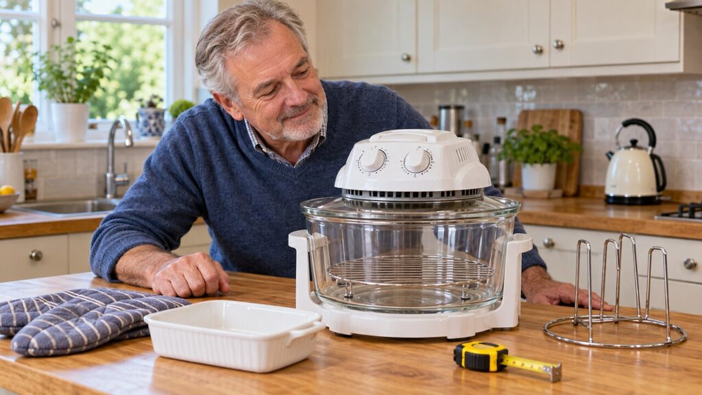 A mature man inspecting the two control dials of a glass-bowl halogen oven in a bright British kitchen, with oven gloves, a small baking dish, tape measure and lid stand nearby.